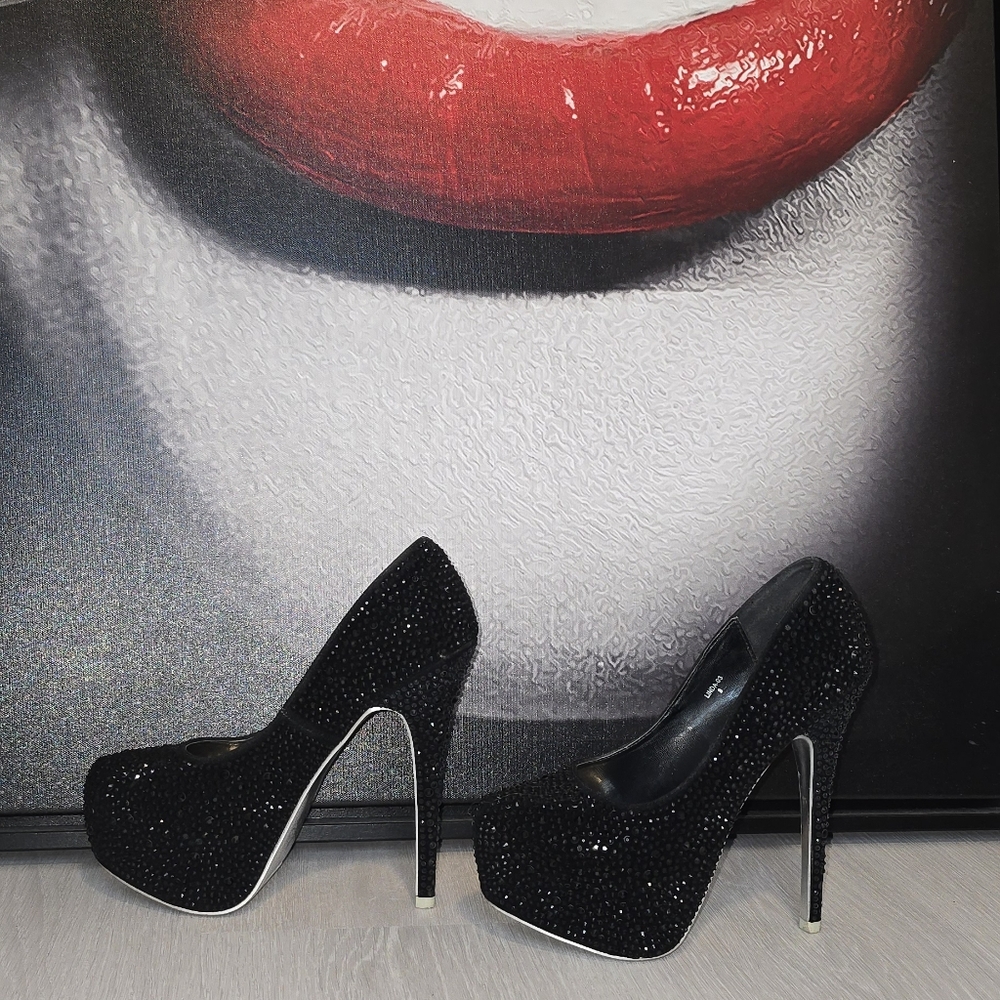 Size 8, black rhinestone, 6 inch heel, 2 inch platform